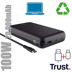 POWER BANK 20.000MAH - 1 USB-C 100W PER LAPTOP/NOTEBOOK - PD 3.0+PPS - 1USB-C 45W 1USB-A QC 3.0 18W - PLASTICA RICICLATA 50% - TRUST LARO POWERBANK - NERO