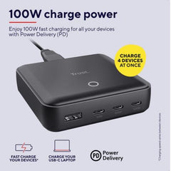 ALIMENTATORE/CARICABATTERIA DA TAVOLO CON 4 PORTE USB 100W (3 USB-C 1 USB-A) - TRUST MAXO - NERO