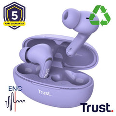 AURICOLARI BLUETOOTH EARBUDS CON RIDUZIONE DEL RUMORE ENC - PLASTICA RICICLATA 35% - TRUST YAVI VIOLA