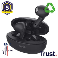 AURICOLARI BLUETOOTH EARPHONES CON RIDUZIONE DEL RUMORE ENC - PLASTICA RICICLATA 85% - TRUST YAVI NERO