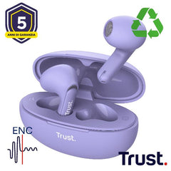 AURICOLARI BLUETOOTH EARPHONES CON RIDUZIONE DEL RUMORE ENC - PLASTICA RICICLATA 35% - TRUST YAVI VIOLA