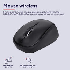 KIT DESK SET TASTIERA E MOUSE WIRELESS SILENZIOSI RESISTENTE AGLI SVERSAMENTI - LAYOUT ITALIANO - TRUST B2B TK-360 NERO