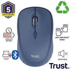 MOUSE WIRELESS  MULTICONNECT 2x BT + 1 WL 2,4GHz  SILENT - DURATA BATTERIA 12 MESI - 1600DPI - PLASTICA RICICLATA 75% -TRUST YVI+  MULTI-DEVICE BLU