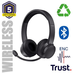 CUFFIE ON-EAR WIRELESS BLUETOOTH RICARICABILI CON MICROFONO FLIP TO MUTE E RIDUZIONE RUMORE ENC - 65% PLASTICA RICICLATA - TRUST AYDA ENC WIRELESS - NERO