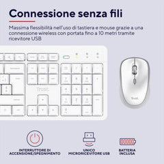 KIT DESK SET TASTIERA E MOUSE WIRELESS SILENZIOSI RESISTENTE AGLI SVERSAMENTI - LAYOUT ITALIANO - TRUST ODI II BIANCO