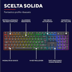 TASTIERA GAMING MECCANICA WIRELESS RICARICABILE RGB LOW PROFILE, MANOPOLA VOLUME AUDIO - LAYOUT ITALIANO - TRUST GXT868 TORIX - NERO
