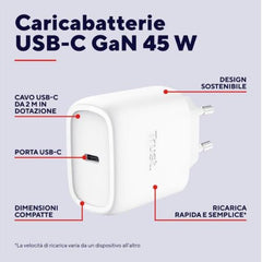 ALIMENTATORE/CARICABATTERIA 45W USB-C GAN - CAVO RICARICA INCLUSO - PLASTICA RICICLATA 50% - TRUST MAXO - BIANCO