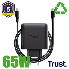 ALIMENTATORE/CARICABATTERIA 65W USB-C GAN - CAVO RICARICA INCLUSO - PLASTICA RICICLATA 50% - TRUST MAXO - NERO