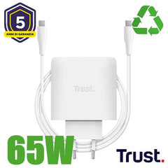 ALIMENTATORE/CARICABATTERIA 65W USB-C GAN - CAVO RICARICA INCLUSO - PLASTICA RICICLATA 50% - TRUST MAXO - BIANCO