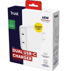 ALIMENTATORE/CARICABATTERIA 65W 2 PORTE USB-C GAN - PLASTICA RICICLATA 50% - TRUST MAXO - BIANCO
