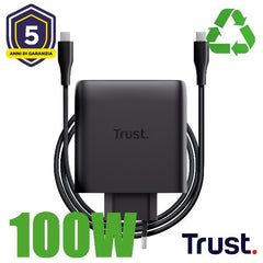 ALIMENTATORE/CARICABATTERIA 100W 2 PORTE USB-C GAN - PLASTICA RICICLATA 50% - TRUST MAXO - NERO