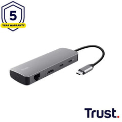 ADATTATORE DOCKING STATION MULTIPORT 8 IN 1, 1 HDMI  4K (60HZ)+ 1 LAN + 1 SD/MICRO SD READER + 2P USB-A + 2P USB-C TRUST DALYX 8-IN-1 - ALLUMINIO