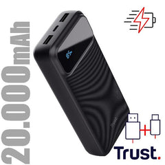POWER BANK 20.000MAH  CARICA VELOCE - 2 USB-A 18W QC 3.0 AUTO DETECT + 1 USB-C 20W PD 3.0 + PPS - TRUST AVALA POWERBANK - NERO
