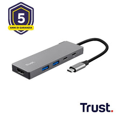 ADATTATORE DOCKING STATION MULTIPORT 5 IN 1, 1 HDMI 4K(60HZ),  1 USB-C PD, 1 USB-C, 2 USB-A 3.2 - TRUST DALYX 5-IN-1 - ALLUMINIO
