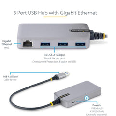 Hub USB a 3 porte con Ethernet - Hub USB 3.0 5Gbps alimentato via bus - Hub splitter USB-A a 3x USB-A portatile per desktop/notebook con ingresso di alimentazione ausiliaria opzion