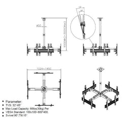 EQUIP - STAFFA QUADRUPLA TV SOFFITTO 37"-65"
