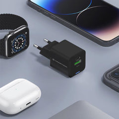 CARICATORE PD USB 2-PORTE 20W GaN (1x USB-C, 1x USB-A, QC 3.0, PPS) - NERO