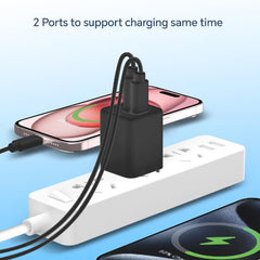 CARICATORE PD USB GaN 2-PORTE da 33W con cavo di ricarica 3 in 1, (1x USB-C, 1x USB-A, QC 3.0, PPS) - NERO