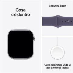 Apple Watch Series 11 GPS, Cassa 46 mm in alluminio color argento con Cinturino Sport viola nebbia - S/M