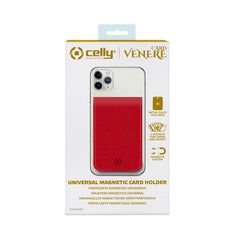 CARDV - Porta carte magnetico universale per il retro degli smartphone materiale pelle sintetica con finitura saffiano colore rosso
