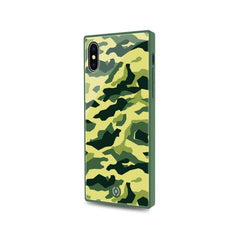DIAMOND SQUARE - Cover rigida con retro in vetro temperato anti graffio e bordi in TPU con effetto squadrato colore camouflage verde compatibile con Apple iPhone Xs/ iPhone X