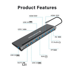 DOCKING STATION 12-IN-1 USB 3.2 GEN 1 - Triple 4K Display, 100W USB PD, HDMI x 2, DisplayPort, Gigabit LAN, USB-A 3.0 x 2, USB-A 2.0, USB-C Data, SD, TF/MicroSD, Audio