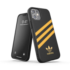 ADIDAS ORIGINALS - Cover SAMBA in TPU+Poliuretano con bordi rialzati di colore nera con strisce oro compatibile con Apple iPhone 12 Mini
