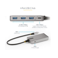 Hub USB-C a 4 porte con uscita video USB-C DP Alt Mode 4K 60Hz - 3x USB Type-A, 1x USB Type-C, 100W PD Pass-Through, USB 3.2 10Gbps, cavo da 30cm, hub USB portatile