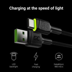 Cavo USB Green Cell GC Ray - USB-C 120cm, LED verde, ricarica rapida ultra Charge, QC 3.0