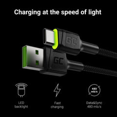 Cavo USB Green Cell GC Ray - USB-C 200cm, LED verde, Ricarica rapida Ultra Charge, QC 3.0