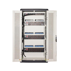 ARMADIO ALLOGGIAMENTO 45 NOTEBOOK CON RUOTE MULTIPRESE INCLUSE VENTOLE DI RAFFREDDAMENTO PORTA IN ACCIAIO TRAFORATA COLORE GRIGIO NERO