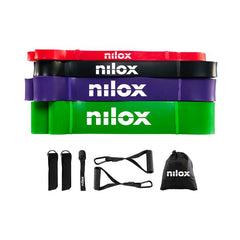 NILOX - Bande Elastiche di Resistenza con quattro livelli di resistenza, gomma anti scatto, dotato di 2 manici in schiuma con moschettoni e due cinturini alla caviglia