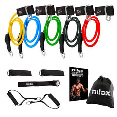 NILOX - Set Elastici di Resistenza in gomma naturale, anti scatto, cinque livelli di resistenza, dotato di 2 manici in gommapiuma e 2 cinturini da caviglia, borda da viaggio