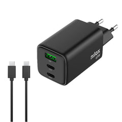 NILOX TECH - Caricabatteria da rete, tecnologia GaN, potenza massima 65 Watt, 3 porte totali, cavo USB-C a USB-C incluso, lunghezza cavo 2 metri, protezioni da cortocircuito