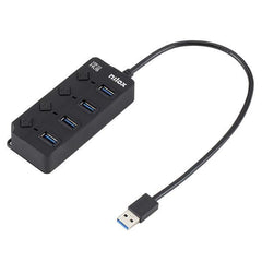 NILOX TECH - Hub con 4 porte USB-A 3.2 Gen1, switch, compatibile con USB-A 2.0, indicatori LED, connettore USB-A output
