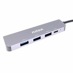NILOX TECH -  Hub con 4 porte, 3 porte USB-A 3.0, porta USB-C, velocità fino a 5 Gbps, connettore USB-C output