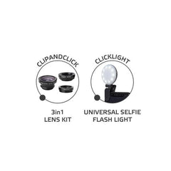 SELFIEKIT - Kit accessori per smartphone, luce flash aggiuntiva con clip regolabile, set di 3 lenti fotografiche per la fotocamera smartphone e telecomando