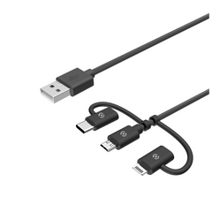 USB3IN1 - Cavo 3in1 connettori input MicroUsb/USB-C/Lightning con connettore output USB-A, lunghezza cavo 1 metro, potenza massima 12 Watt