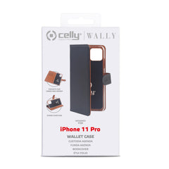 WALLY - Custodia a libro in pelle sintetica con chiusura flap magnetico, slot per carte e funzione stand colore nero compatibile con Apple iPhone 11 Pro