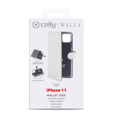 WALLY - Custodia a libro in pelle sintetica con chiusura flap magnetico, slot per carte e funzione stand colore bianco compatibile con Apple iPhone 11