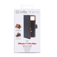 WALLY - Custodia a libro in pelle sintetica con chiusura flap magnetico, slot per carte e funzione stand colore nero compatibile con Apple iPhone 11 Pro Max