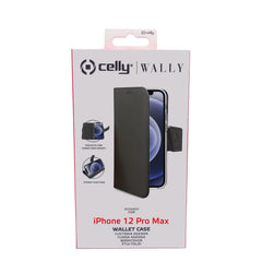 WALLY - Custodia a libro in pelle sintetica con chiusura flap magnetico, slot per carte e funzione stand colore nero compatibile con Apple iPhone 12 Pro Max