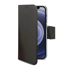 WALLY - Custodia a libro in pelle sintetica con chiusura flap magnetico, slot per carte e funzione stand colore nero compatibile con Apple iPhone 13 Mini
