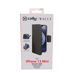 WALLY - Custodia a libro in pelle sintetica con chiusura flap magnetico, slot per carte e funzione stand colore nero compatibile con Apple iPhone 13 Mini
