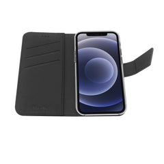 WALLY - Custodia a libro in pelle sintetica con chiusura flap magnetico, slot per carte e funzione stand colore nero compatibile con Apple iPhone 13 Mini