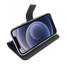WALLY - Custodia a libro in pelle sintetica con chiusura flap magnetico, slot per carte e funzione stand colore nero compatibile con Apple iPhone 13 Pro