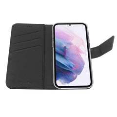WALLY - Custodia a libro in pelle sintetica con chiusura flap magnetico, slot per carte e funzione stand colore nero compatibile con Samsung Galaxy S22+ 5G