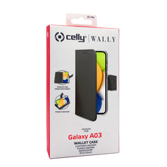 WALLY - Custodia a libro in pelle sintetica con chiusura flap magnetico, slot per carte e funzione stand colore nero compatibile con Samsung Galaxy A03