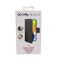 WALLY - Custodia a libro in pelle sintetica con chiusura flap magnetico, slot per carte e funzione stand colore nero compatibile con Samsung Galaxy A03
