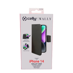 WALLY - Custodia a libro in pelle sintetica con chiusura flap magnetico, slot per carte e funzione stand colore nero compatibile con Apple iPhone 14